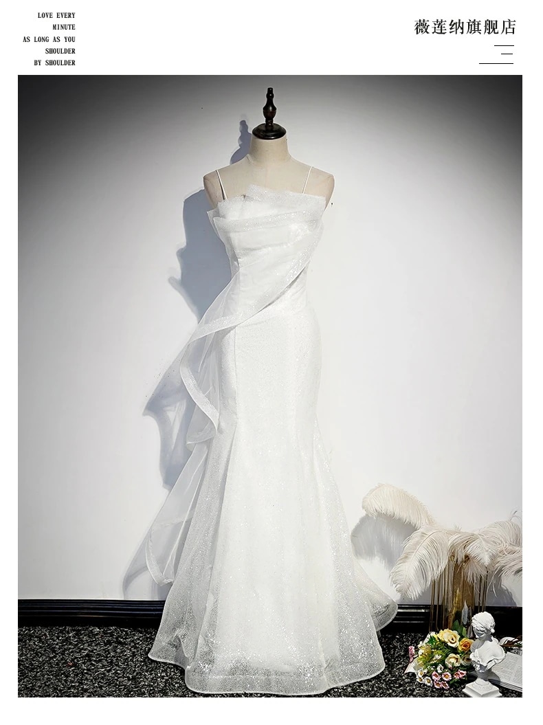 白いイブニングドレス女性のサスペンダーフィッシュテールロングバンケットレディース高貴でエレガントな軽