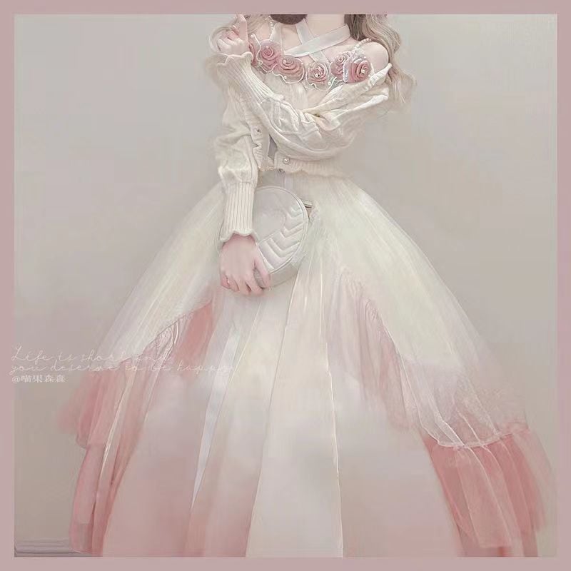 結婚式用グラデーションピンクローズロリータドレスロリータスーパーマーメイドカラーメッシュロングスカート春