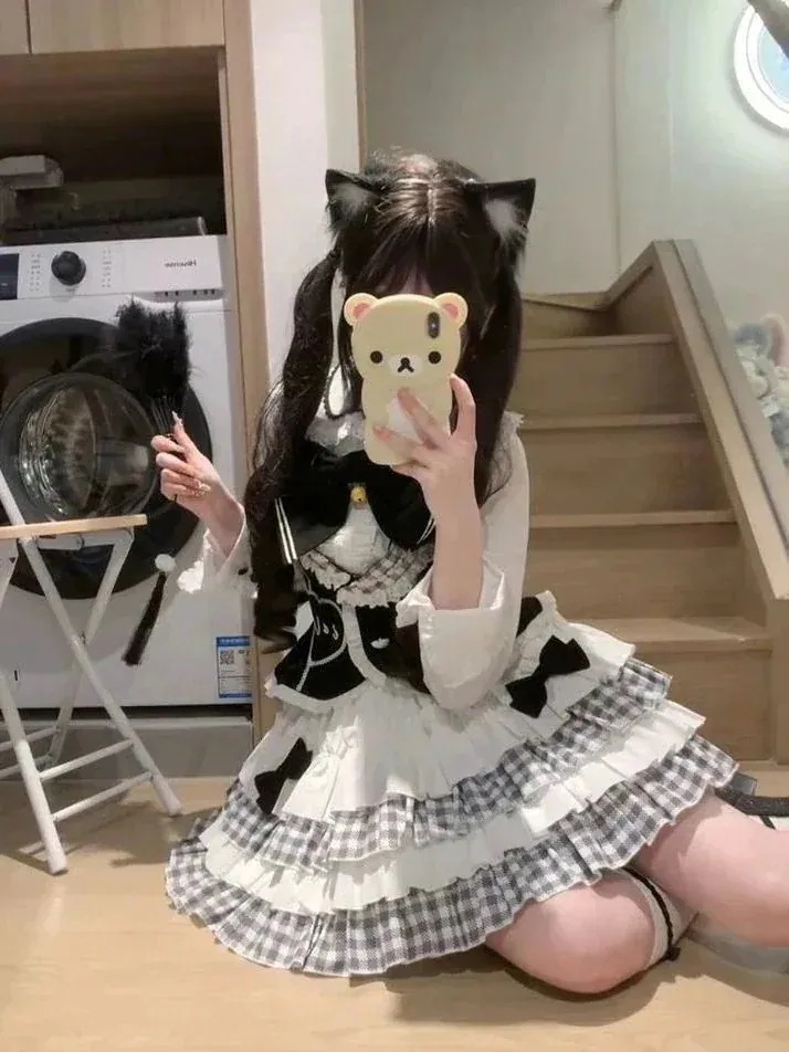 アメリカンハロウィンロリータ 新しいスタイル カレッジ 二次元 メイド服量産型地雷系甘い弓 かわいい トップス スリーピースセット コスプレ コスム ワンピース