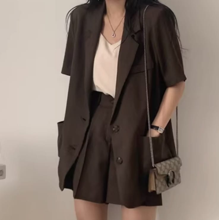 レディース ジャケット パンツ ボトムス セットアップ ショート 半袖 かわいい 大人可愛い きれいめ シンプル カジュアル 上品 おしゃれ かっこいい レトロ こなれ感 ラフ ガーリー ルーズ