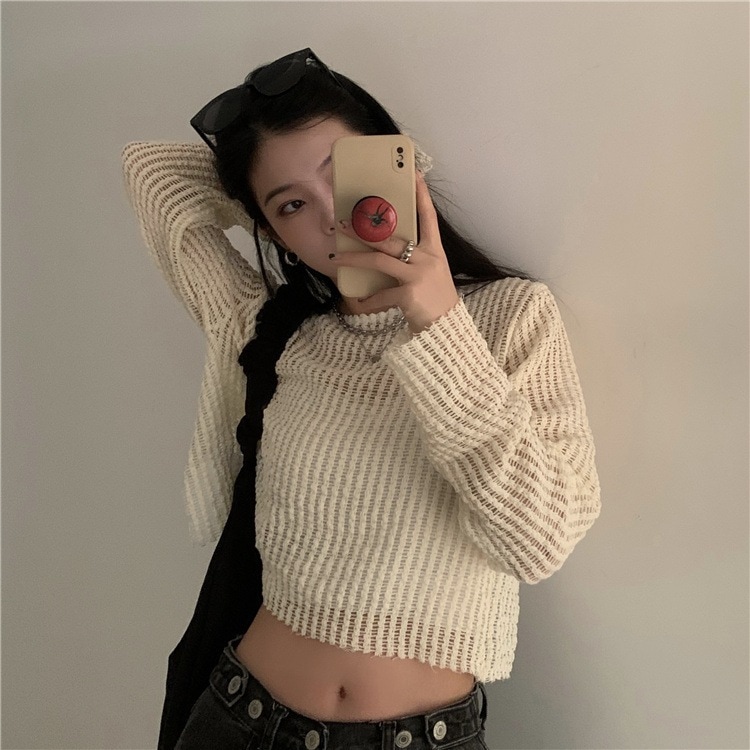 ニット カットソー ショート 長袖 クルーネック クロップド 透け感 薄手 かわいい 大人可愛い シンプル カジュアル おしゃれ 春 夏 秋 デート お出かけ イベント モテ 韓国 白 黒