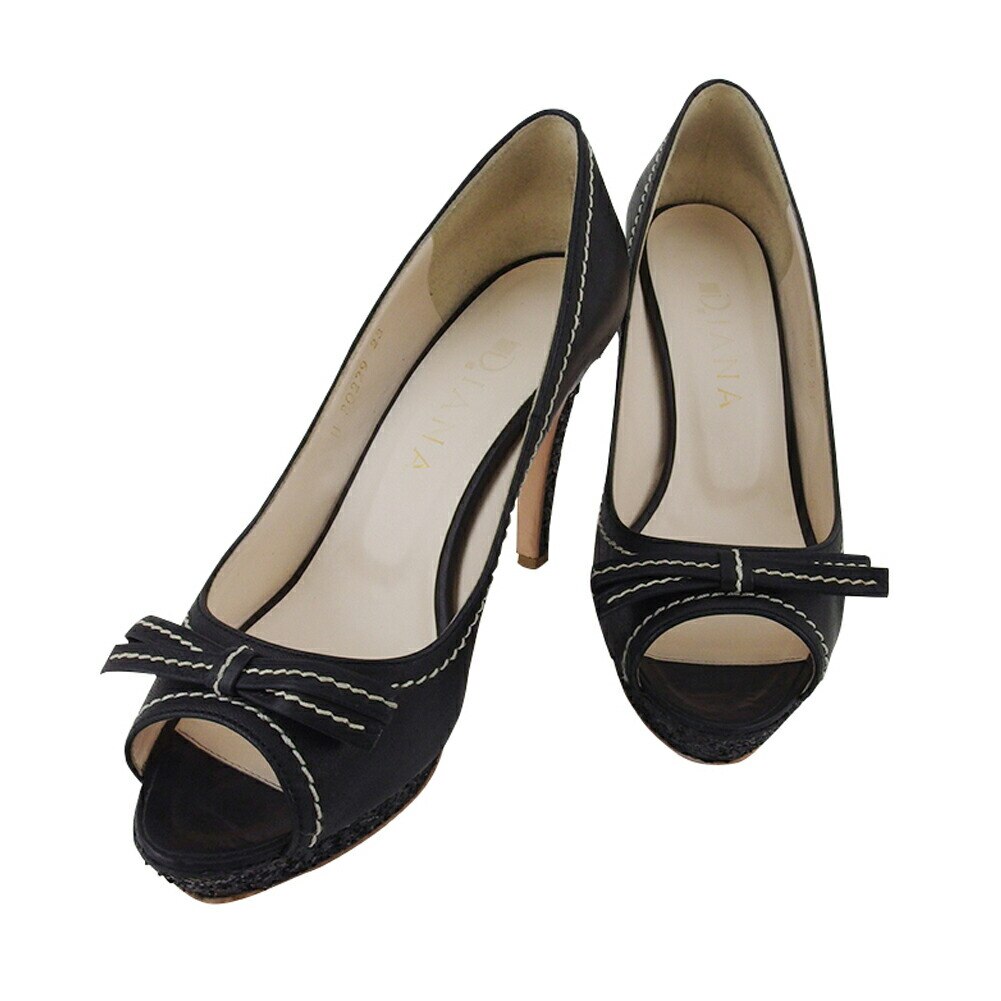 パンプス シューズ 靴 オープントゥ レディース 23 リボン グリッター ブラック ホワイト 白 中古