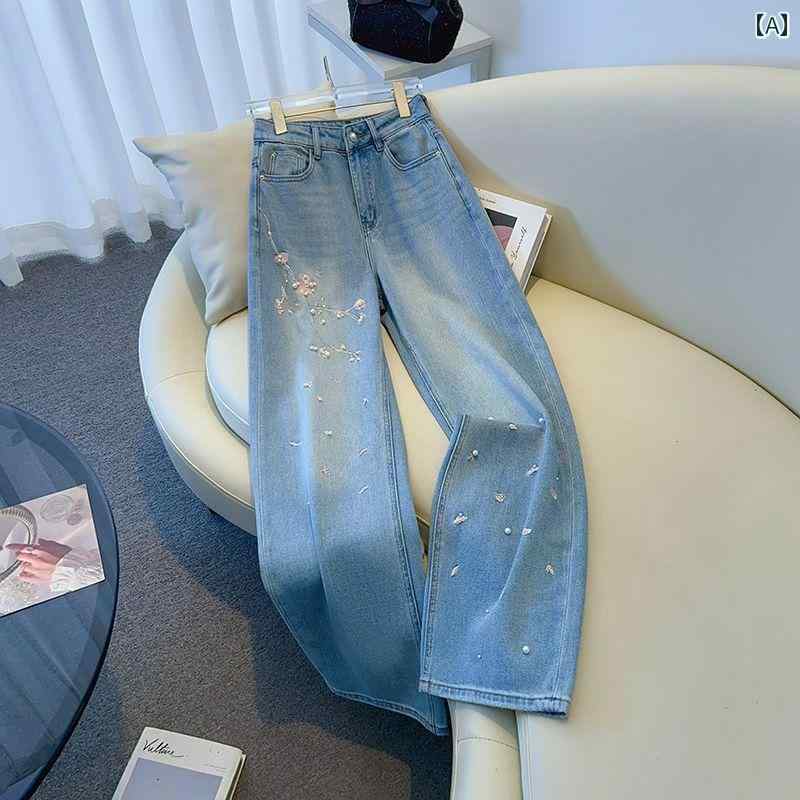 デニム パンツ ボトムス レディース ワイドパンツ ジーンズ 春 ハイウエスト 中国風 刺繍 ストレート 青 花柄