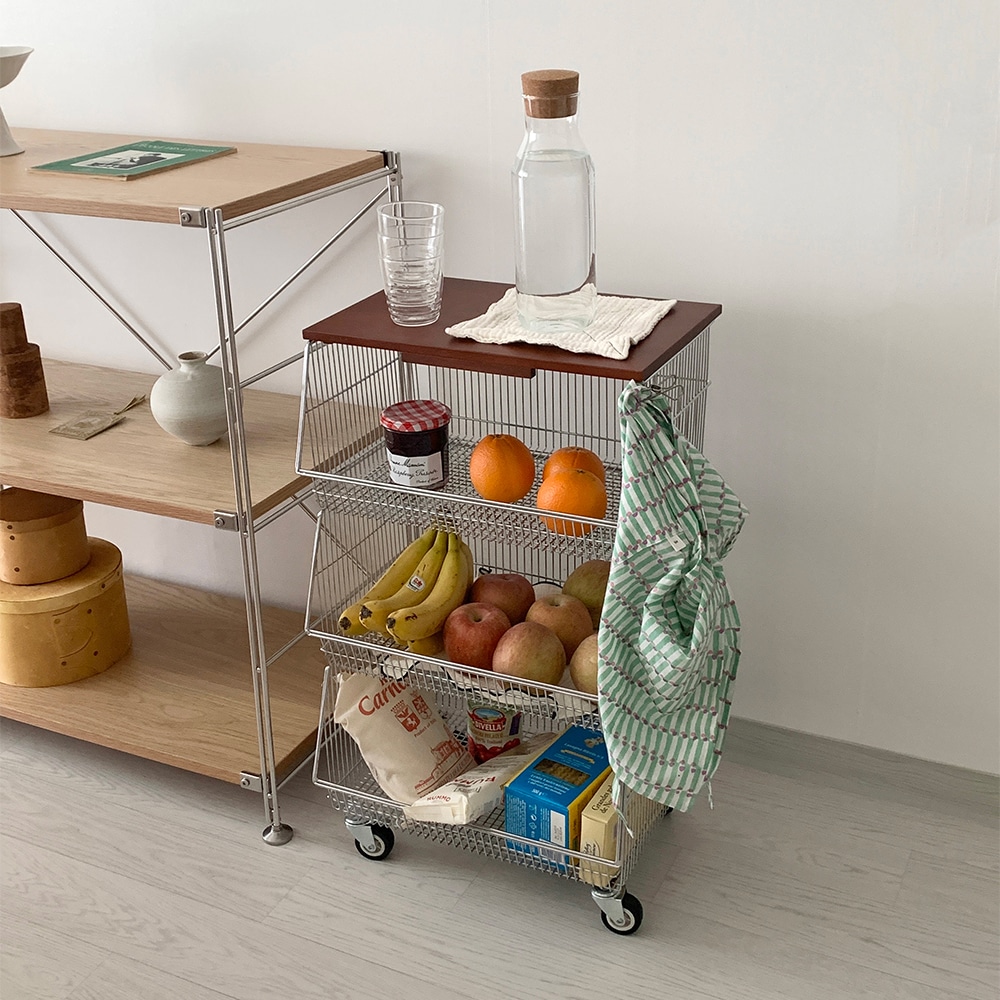 リトル3段バスケットトロリー 韓国インテリア シルバー ブラウン カゴ型 鉄 ゴムの木 ワゴン キャスター 3段 パントリー キッチン 41.5x25.5x69.5cm