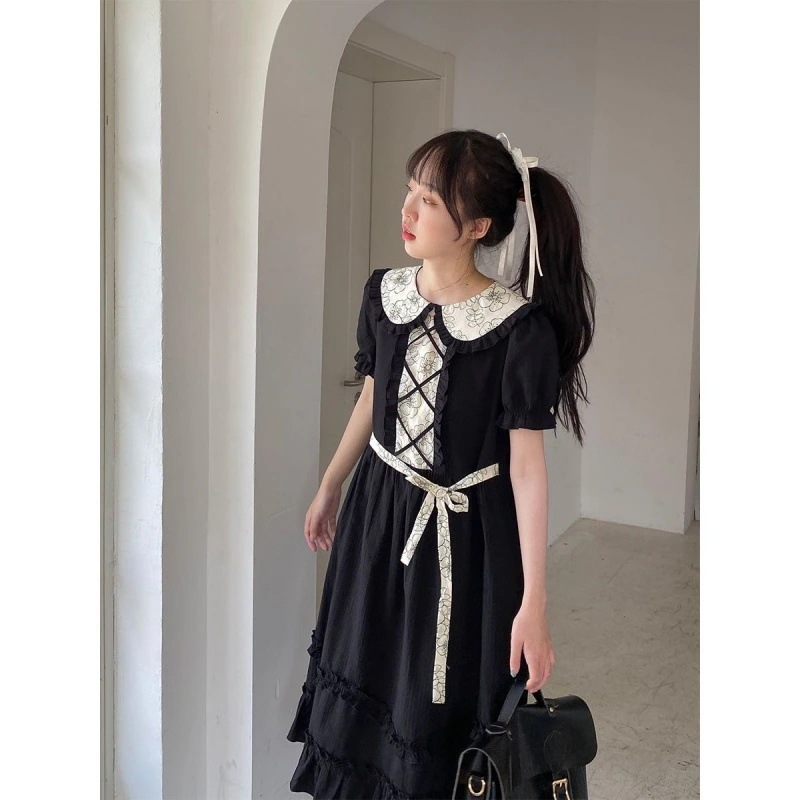 和菓子クロス白黒ドレス女子高生ドール襟キノコレースミドル丈フリルエッジ