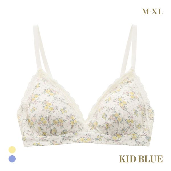 キッドブルー ピンドットフラワー ノンワイヤー ブラジャー ソフトブラジャー 三角ブラ ブラレット