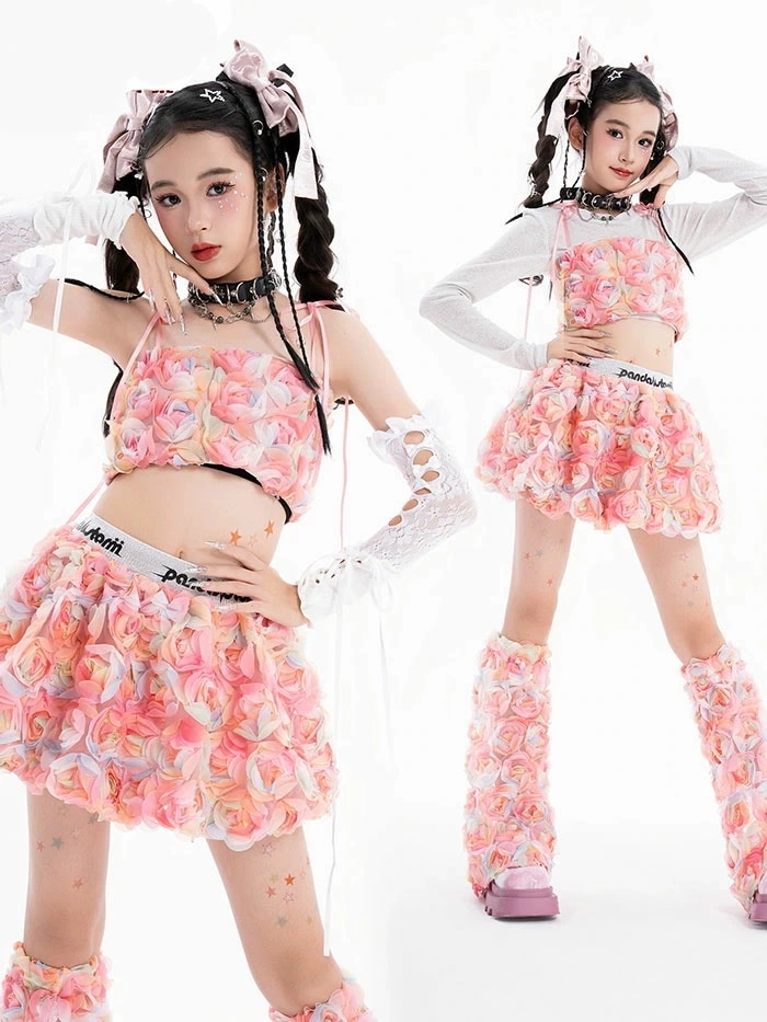 今月上新キッズ 子供用 ダンス 衣装 セットアップ 花 キャミソール スカート ジャズ ダンス衣装 派手 ダンス衣装 女の子 おしゃれ ダンス 服 発表会 HIPHOP ジュニア 大きいサイズ 150