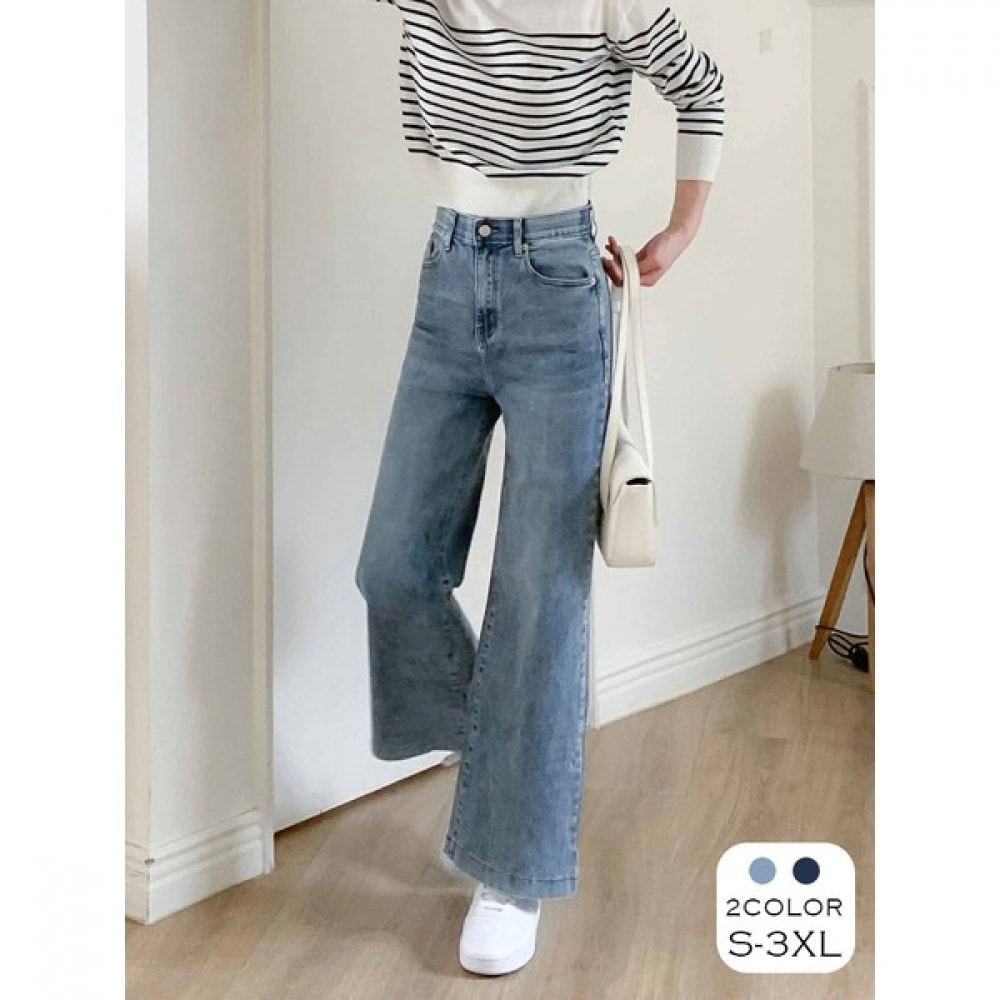 (JIN MANIA) 2色シンプル隠しバンディングワイドデニムパンツ