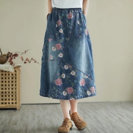 レディース スカート ウエストゴム デニム 膝下 Aライン フラワー 花 ダメージ 大人可愛い カジュアル おしゃれ ラフ 個性的 主役級 存在感 春 夏 10代 20代 30代 40代 ティーン