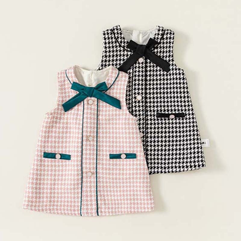 【新品プロモ-ション】ワンピース ちどりごうし ピンク ブラック リボン ノースリーブ 春 秋 子供ドレス キッズ 女子 可愛い お洒落 韓国 子供服 お誕会 発表会 お祝い 旅行 お出掛け 80cm