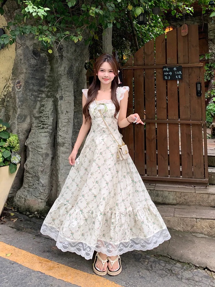 花柄 レース ガーリー ワンピース ドレス レディース ロング マキシ 丈長 袖なし ノースリーブ スクエアネック フレア Aライン リボン ウエストマーク 透け感 かわいい 大人可愛い きれいめ カ
