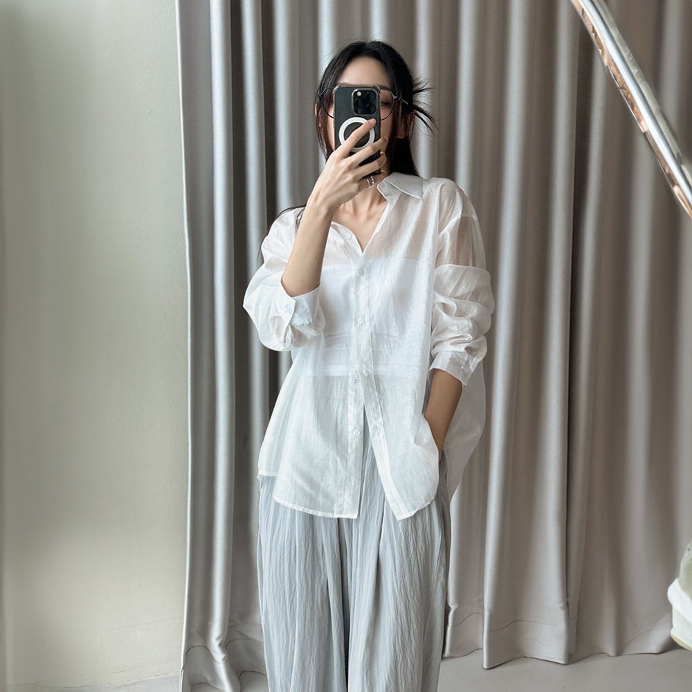 ニューマンサテンシースルーバックスリットストラップシャツ