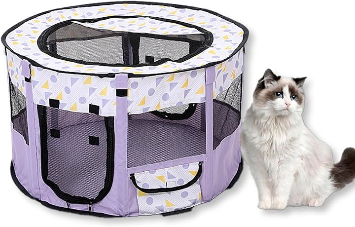 ケージ 折りたたみ ペットサークル メッシュ 90x55cm 通気性 屋根付き ダブルチャック ペットハウス 猫 犬 兼用 軽量 防水 組立簡単 持ち運び( パープル)