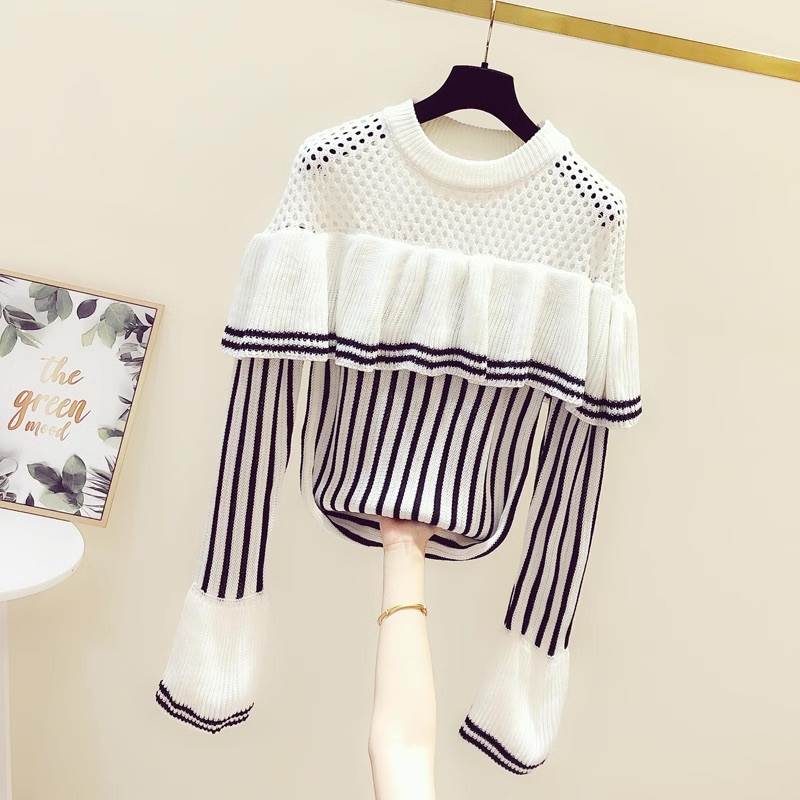 トップス ニット レディース 長袖 フリル袖 Uネック ラウンドネック フェミニン フリル 透け感 シースルー 切り替えデザイン ドッキング ニット かわいい 大人可愛い 上品 おしゃれ こなれ感 ガ