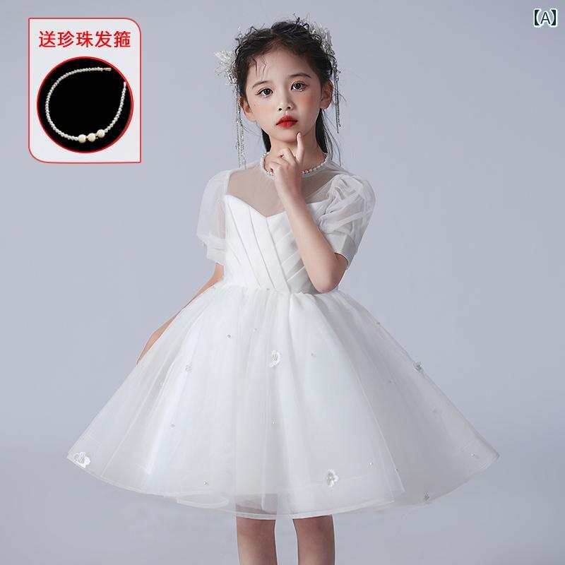 ドレス 女の子 ガール ガーリー プリンセス お姫様 ミニ ドレス 夏 白 チュチュ ボリューム パフスカート シフォン シアー 子供 キッズ 花 刺繡 パーティー お誕生日会 衣装