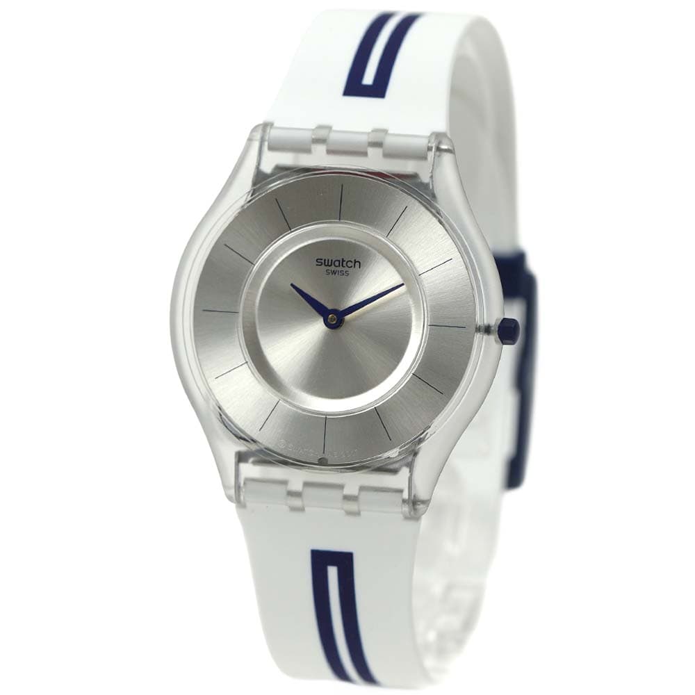 スウォッチ 腕時計 レディース ホワイト ネイビー シルバー 薄型 swatch MEDIOLINO SFE112