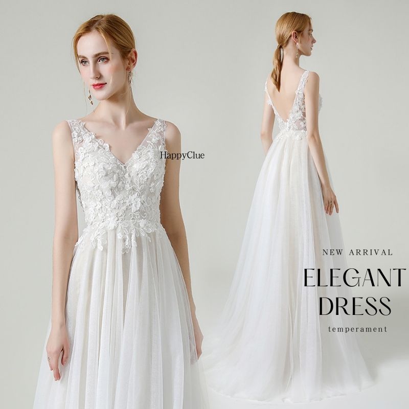 ウェディングドレス Vネック エンパイア 前撮り ドレス 白 トレーンタイプ 花嫁 二次会ウエディングドレス セクシー バックレスドレス 白 ワンピース ブライダル 結婚式 海外挙式 レディース パー