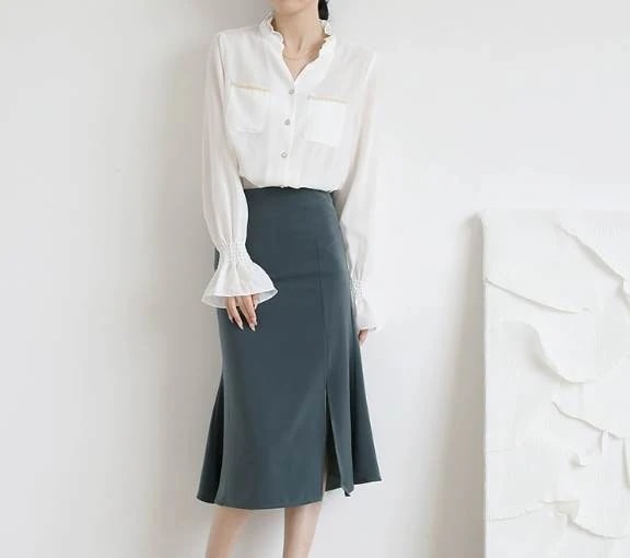 トップス シャツ ブラウス ベルスリーブ 袖付き 長袖 襟なし ック レース ポケット かわいい