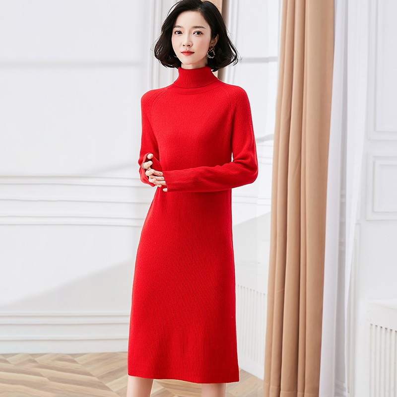 100% 純ウールワンピース女子春と秋の新型修身厚い底付き高襟セータードレスの中の長さ