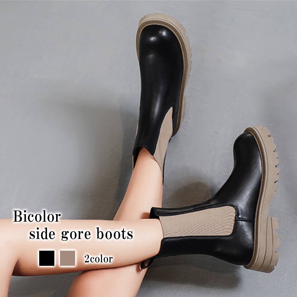 ブーツ レディース バイカラーサイドゴアブーツ ヒール 防寒 きれいめ 秋 ローヒール 革 春 兼用 フロント 撥水 軽量 夏 おしゃれ 軽い レザー ウォーキング 冬 防水 4E 歩きやすい ミドル