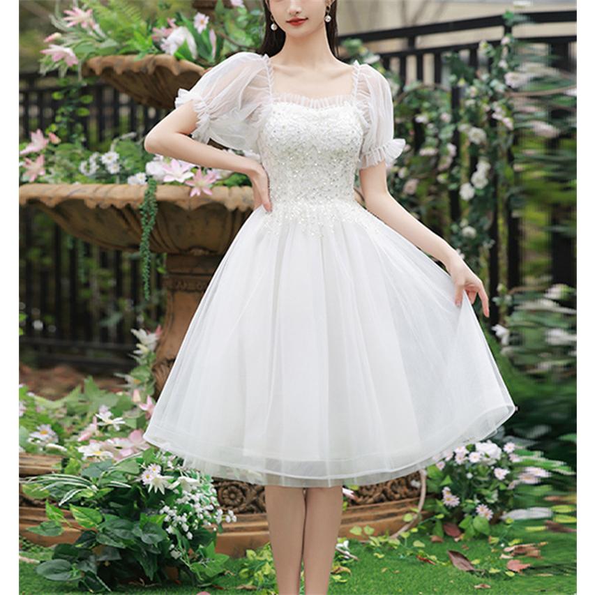 パーティードレス レディース ナイトドレス ミディアムひざ丈 白 ワンピース 半袖 ウェディング 結婚式 イベント 公演 プリンセス 洋服 クラブ 発表会 舞台衣装