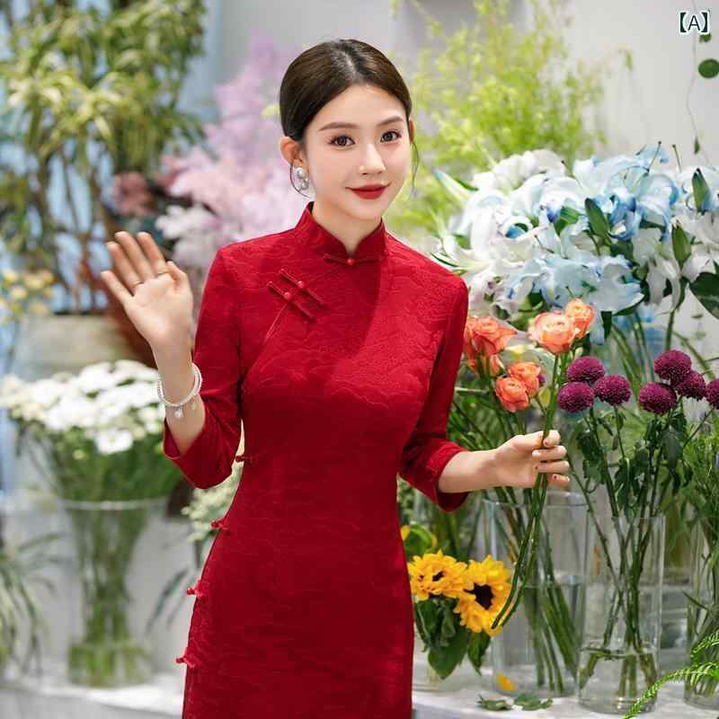 チャイナドレス レディース エスニック パフォーマンス 撮影 マザー パーティー 衣装 ドレス 七分袖 ロングドレス エレガント