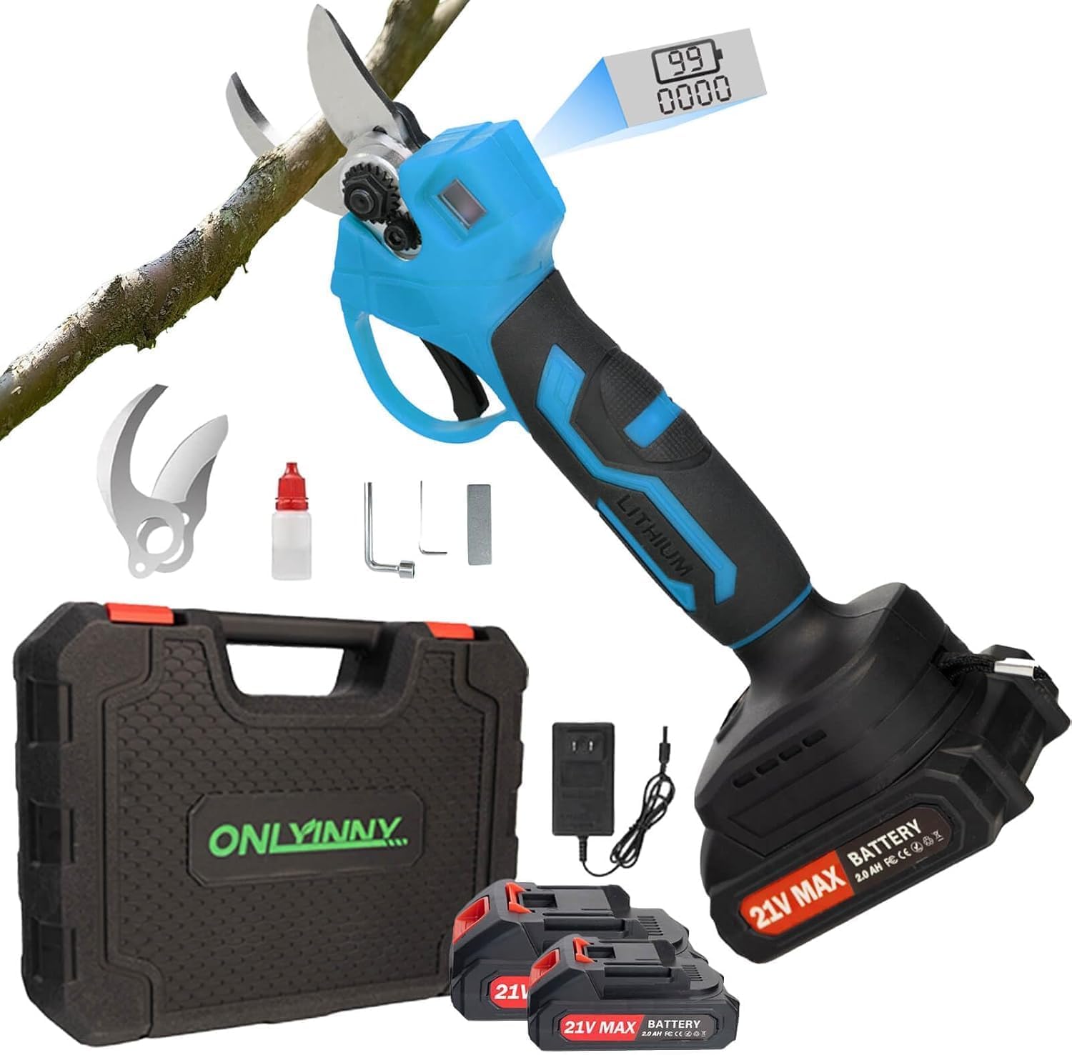 21V電動剪定鋏 600Wブラシレスモーター 30mm切断径【SK5高炭素鋼】 2×2.0Ahバッテリー2枚刃急速充電器庭/屋外/農場/庭園用コードレス剪定鋏 軽量設計