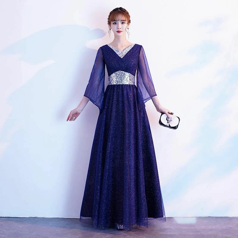 2点購入で200円割引期間限定オファー カラードレス ファスナー ネイビー 長袖 パーティードレス ロングドレス 結婚式 二次会 発表会 演奏会 ウェディングドレス ウエディングドレス コンサート 演