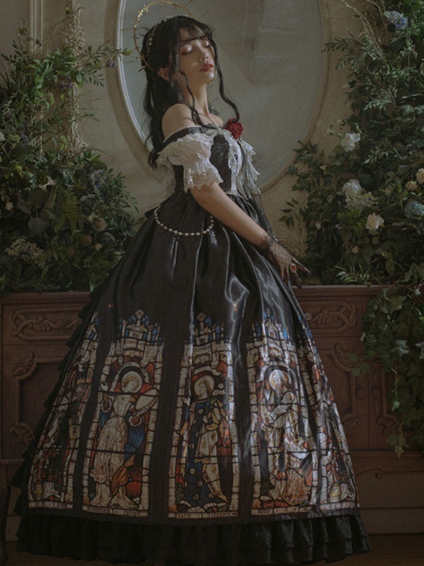 【短納期】ブラックゴシックロリータJSKドレスネバーランドフローラルプリントカスケードフリルボウロリータジャンパースカート