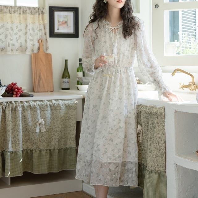 ワンピース レディース フレアワンピース ロングワンピース S M L XL 韓国 ミモレ丈 ミディアム丈 長袖 シフォン かわいい 大人可愛い シンプル カジュアル おしゃれ お洒落 ナチュラル