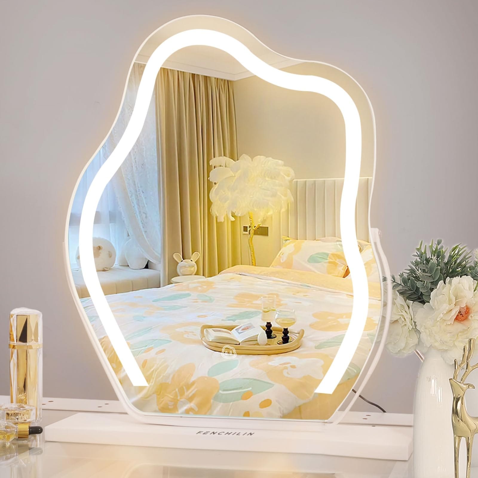FENCHILIN 女優ミラー ライト付き 鏡 卓上 ハリウッドミラー 卓上ミラー 卓上鏡 化粧鏡 女優鏡 led ミラー 三色照明モード 無段階調光 10倍拡大鏡付き くも型 45×55CM