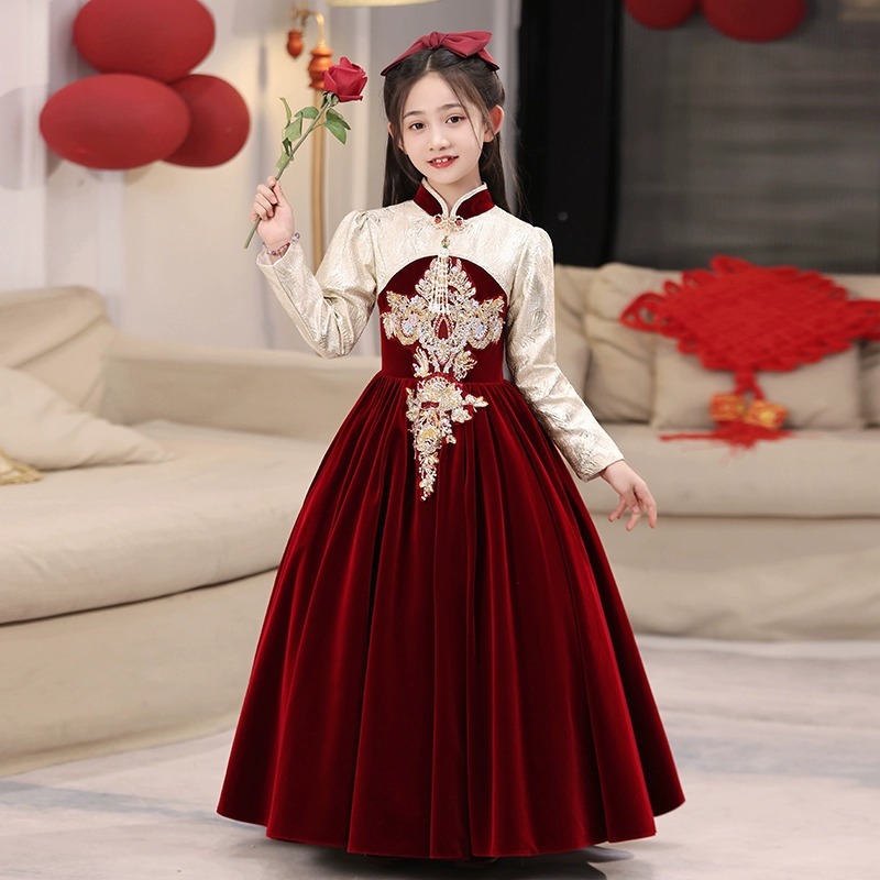 【2枚購入で 3oo円OFF】子供のドレス2025春の新しい語スタイルバーガンディベルベット誕生日プリンセスドレス新年グリーティングドレス