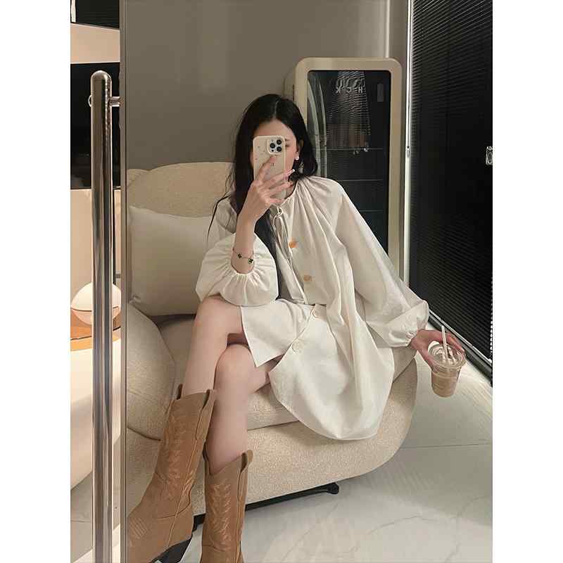 レディース ファッション オシャレ カワイイ シンプル 人カワイイ きいサイズ ボタン ランタン スリーブ シャツ ワンピース スリム スカート