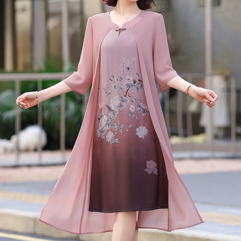 ワンピース ミディアム丈ワンピース 5分袖 ラウンドネック 刺繡 重ね着風 シースルー かわいい 大人可愛い きれいめ シンプル 上品 おしゃれ かっこいい カジュアル こなれ感 個性的 主役級