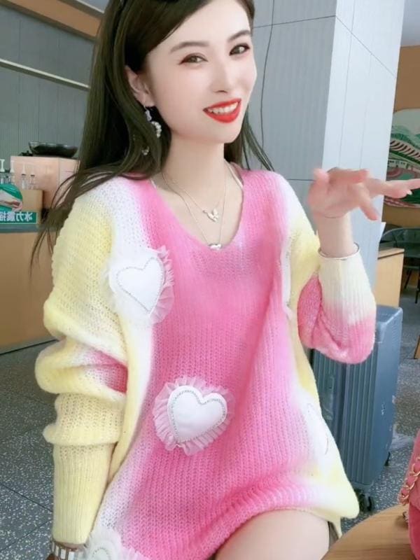 セーター レディース 春秋 長袖 トップス プルオーバー Uネック ハート ビーズ レース かわいい カジュアル グラデーション ピンク