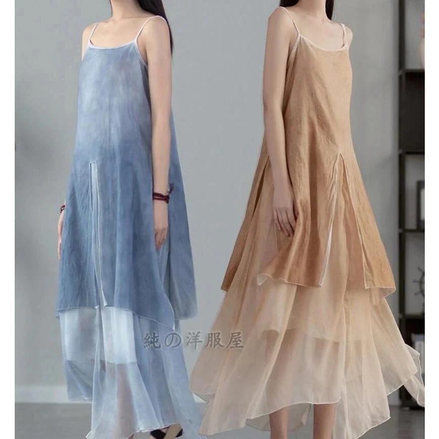 夏 ロング ワンピース ナチュラル ロング丈 マキシ丈 ワンピース ゆったり フレア ストラップ キャミソール ワンピース タイダイ染め スリット アシンメトリ