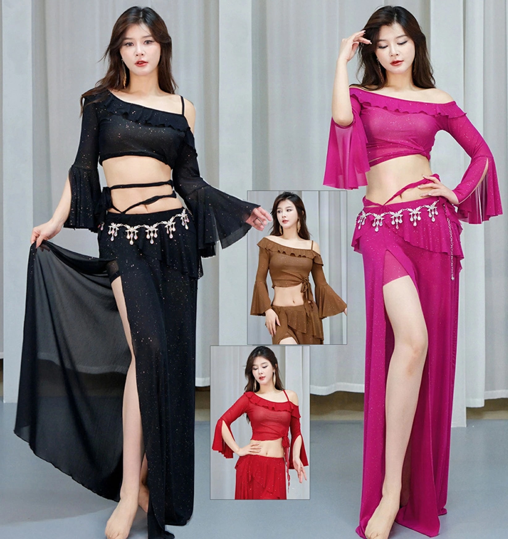 レデイース ベリーダンス衣装 上下セット フリル長袖 ショート丈ス スリット入り ロングスカート 社交ダンス Berry Dance 練習着 レッスン着 ラメ入り きらきら 紐 ホルター セクシー 肩
