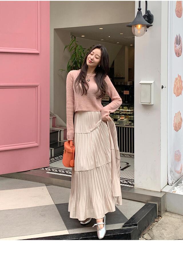 24作シンプルスカートハイウエスト着痩せロングスカートマキシスカートプリーツスカート百掛け