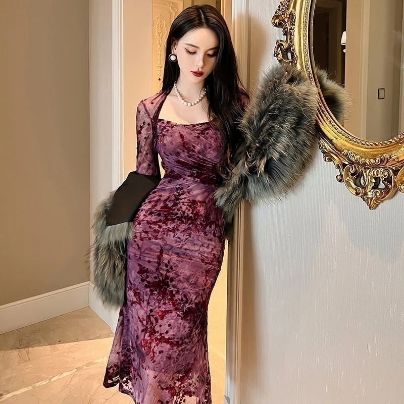 JY.上品梅 花柄ワンピ スクエアネック 春冬 マーメイド シアー キャバドレス フォーマル パーティードレス 同窓会 披露宴 卒業式 結婚式 演奏会 二次会 発表会