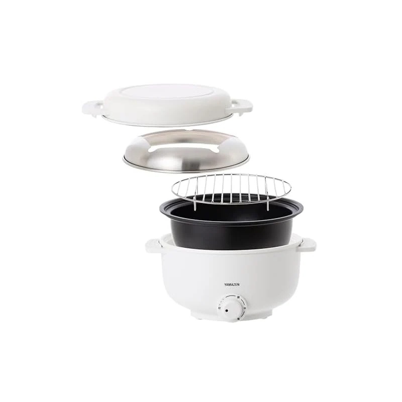【即納】[山善] 電気鍋 グリル鍋 小型 卓上 一人用 5WAY (焼く/蒸す/揚げる/煮る/フォンデュ) デキタテポット 温度調整機能 着脱式 丸洗い可能 ホワイト YMCP-S650(W)