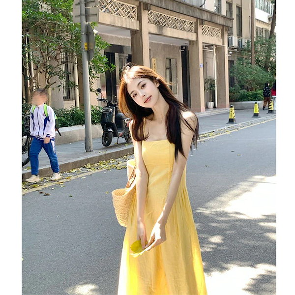 Qoo10] キャミワンピース 黄色のホルタードレス女
