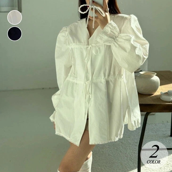 Vネック 長袖 シャツ レディース 春 秋 長袖シャツ ゆったり ルーズシルエット フェミニン 可愛い お洒落 シンプル ベルスリーブ シャツブラウス ブラウス 白 ホワイト 黒 ブラック 韓国ファッ