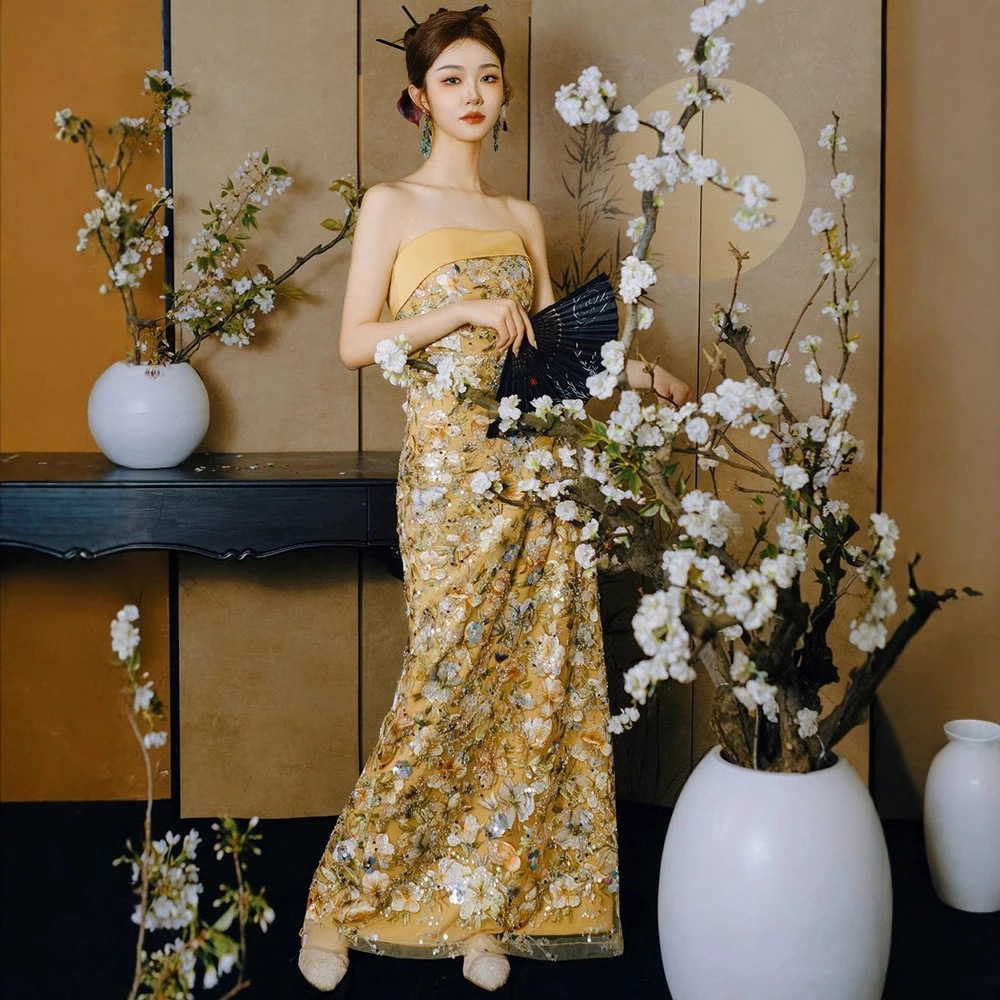 コスパ最高レディースドレス エレガントドレス 高級感 結婚式 前撮り 撮影 オフショルダー イエロー ロングドレス ウェディングドレス パーティー 成人式 舞台演出 司会 礼服 チューブトップ 花柄