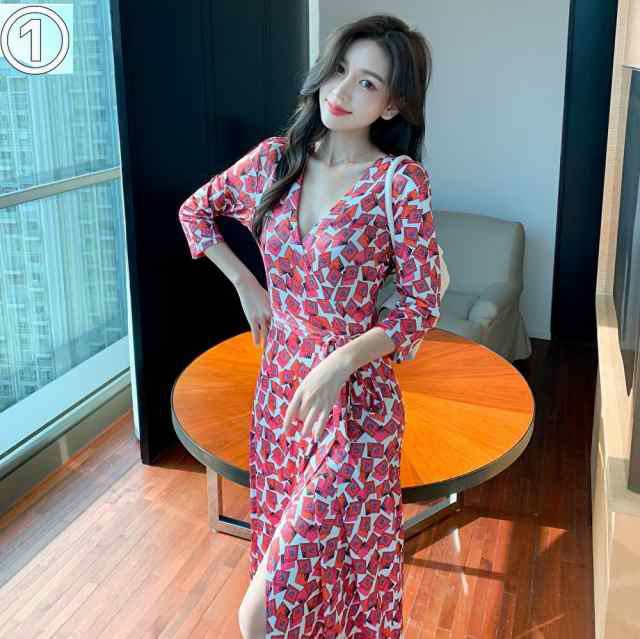 【2025新作入荷】ワンピース ロングワンピース ロング ロング丈 5分袖 五分袖 Vネック カシュクール スリム タイト 細身 ストレート フィット スリット サイドスリット 大人可愛い きれいめ