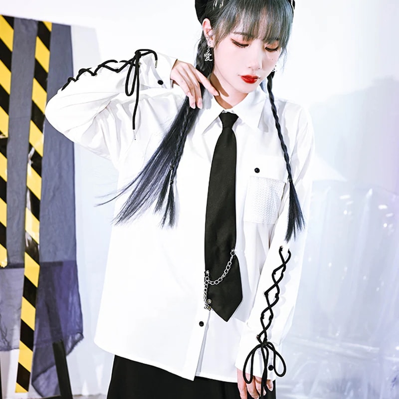 ユニセックスシャツ カッコイイ服 レディース 黒 白 レースアップトップス ネクタイ ストリート系ファッション