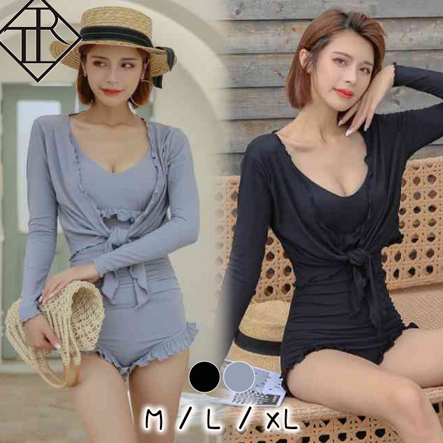 【即納】水着 レディース 水着 体型カバー ビキニ 大きいサイズ ビキニ 人気 盛れる セクシー レトロ リゾート 20代 30代 オトナ女子 小胸 痩せて見える スレンダー シンプル 長袖 Uネック