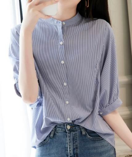 レディース トップス シャツ 5分袖 ラウンドネック スタンドカラー ストレート 薄手 大人可愛い きれいめ シンプル カジュアル 上品 おしゃれ かっこいい ラフ クール エレガント キュート 清潔