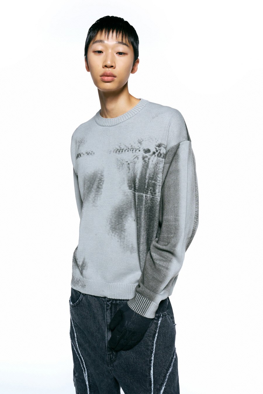 【INSILENCE】 DIGITAL PRINT GRUNGE KNIT : ICE GREY
