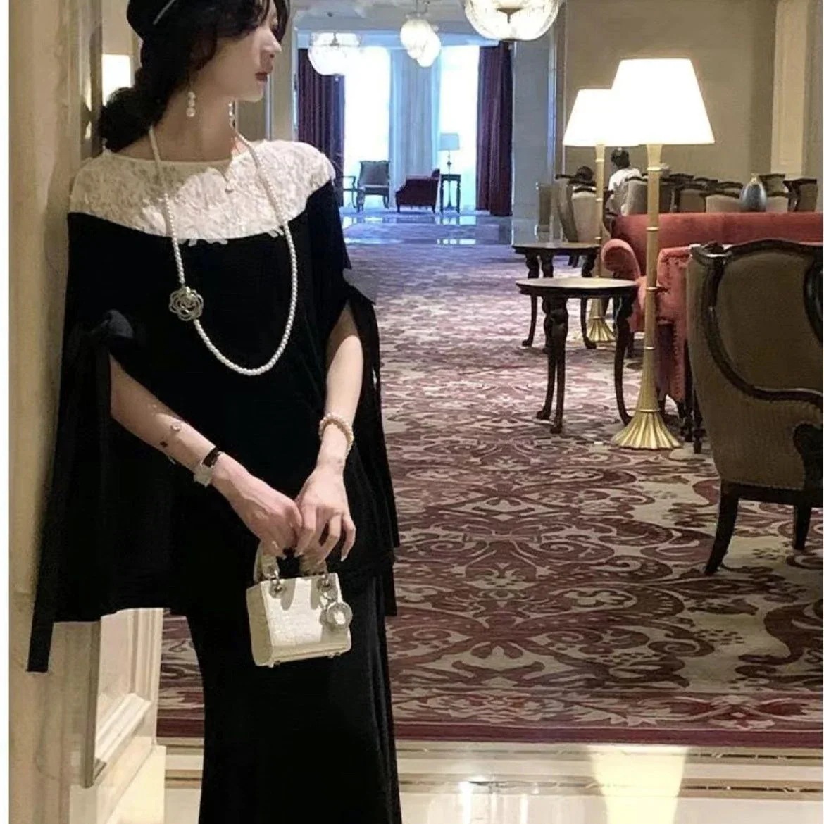 パーティードレス ベルベットケープトップス ノーシルフィッシュテイルスカート ハーフロングスカートスーツ