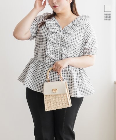 大きいサイズ レディース LL 3L 4L XL XXL XXXL ドビーチェックフリルブラウス
